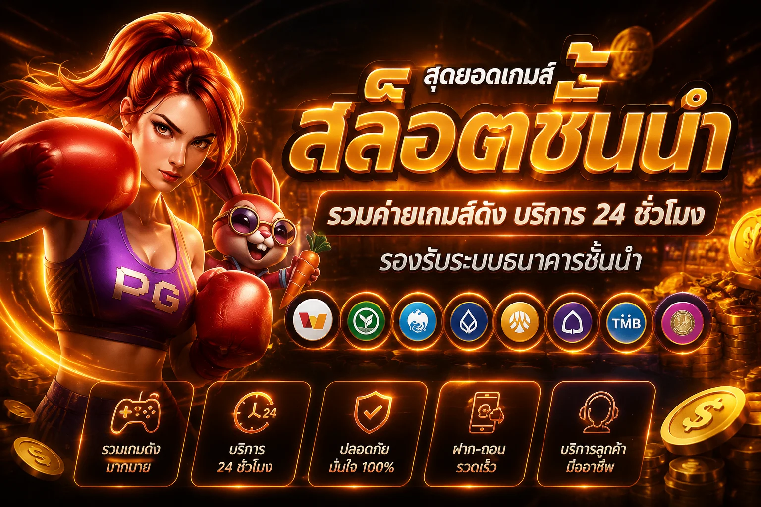แบนเนอร์รวมเกมสล็อต TGA9889 และตัวละคร PG Soft